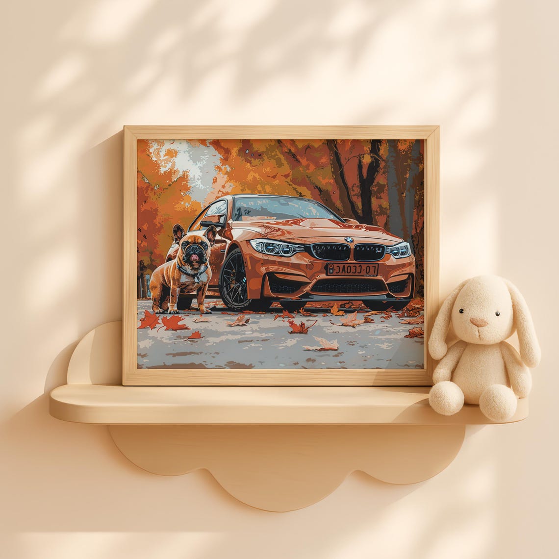 French Bulldog and Orange BMW M4 Autumn Forest Gouache Poster