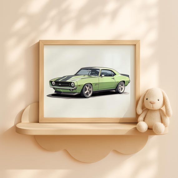 Green Vintage Muscle Car Wall Art Nursery Decor For Boys Room Retro Vehicle Print Baby Artwork