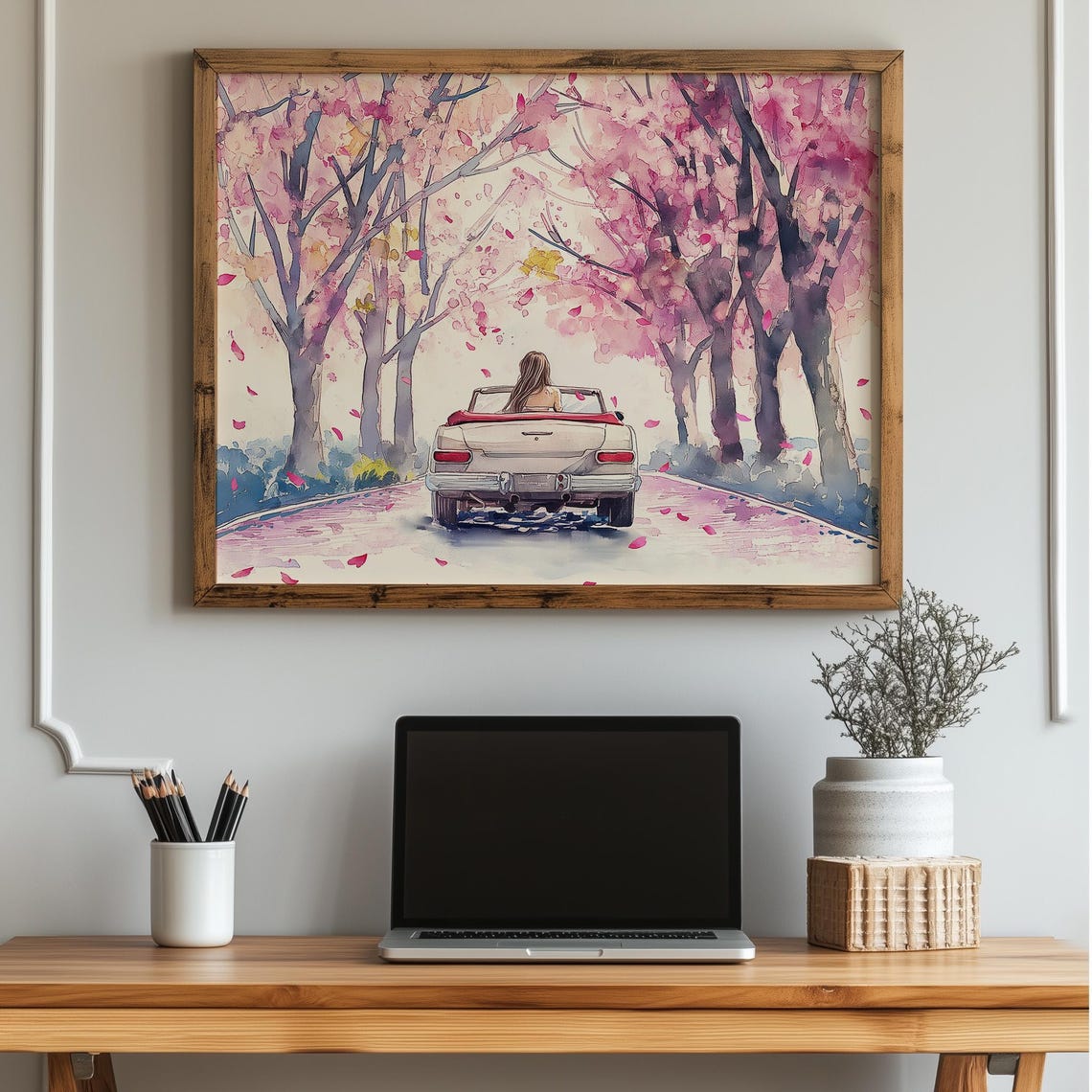 Woman Driving Convertible Through Cherry Blossom Spring Art Poster