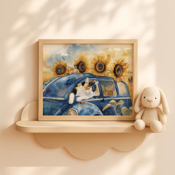 Calico Cat Sleeping On Blue Truck Hood Cozy Halloween Wall Art Kids Painting Fall Pumpkin Decor Whimsical Autumn