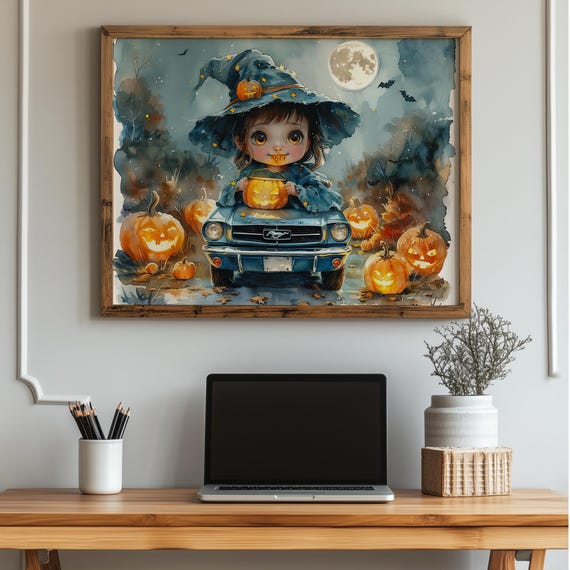 Baby Witch Driving Tiny Vehicle Halloween Wall Art Pumpkin Autumn Vintage Decor Cute Fall