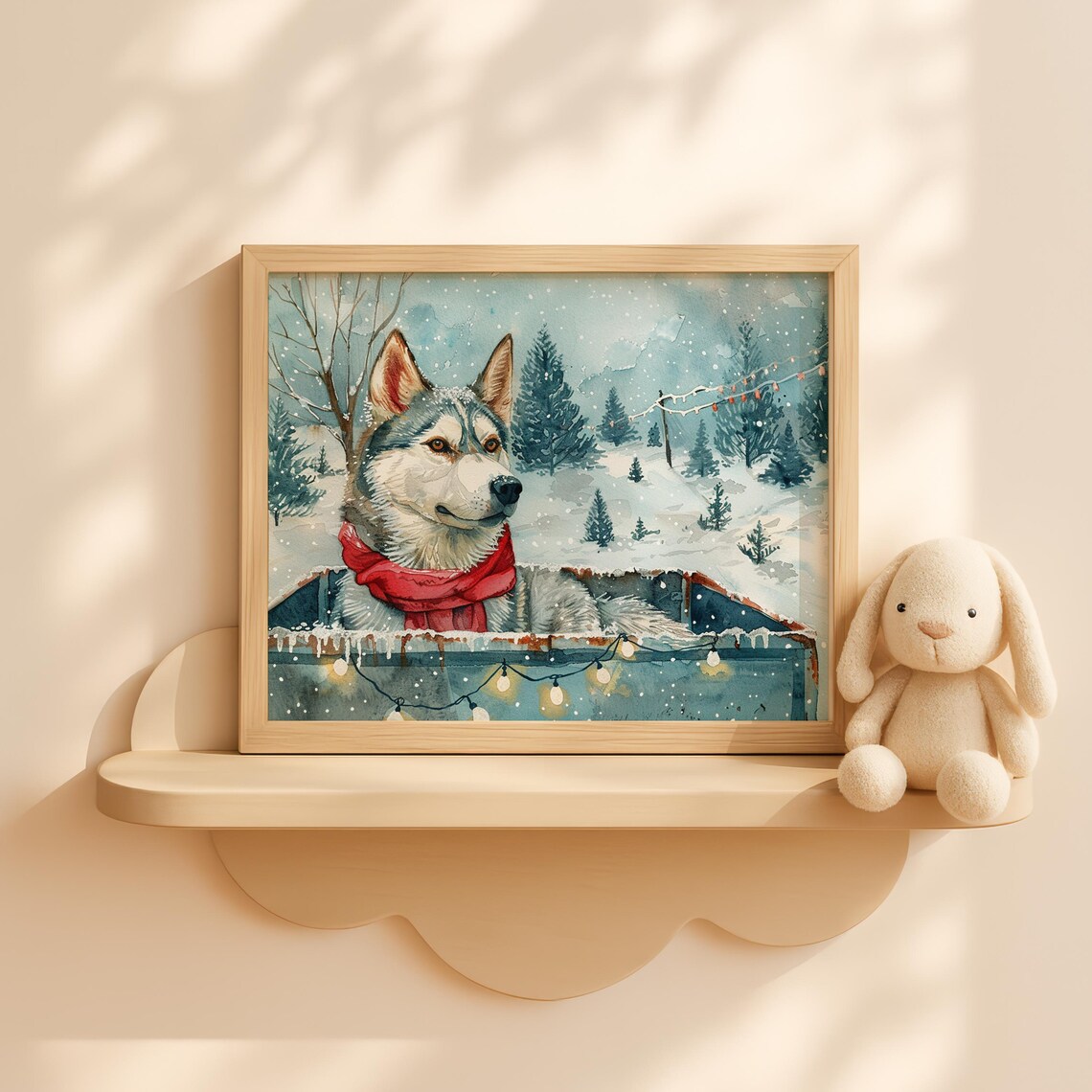 Watercolor Husky Dog Red Scarf Snowy Winter Sled Scene Art Print