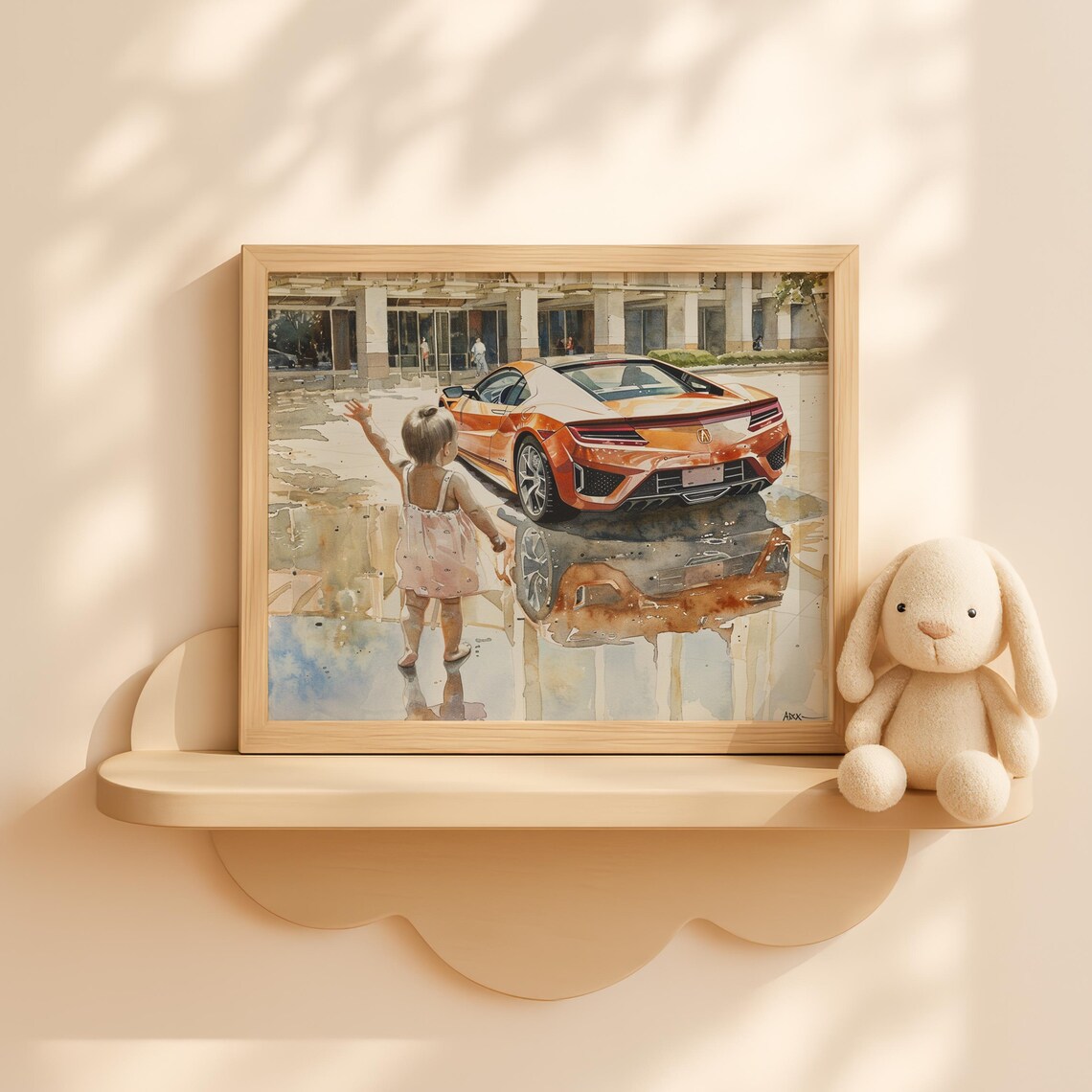 Baby Girl Waving at Orange Supercar Watercolor City Plaza Nursery Poster