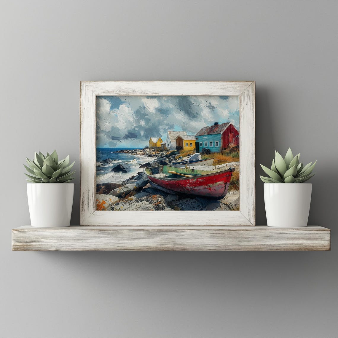 Red Rowboat Rocky Coast Fishing Village Impressionist Poster