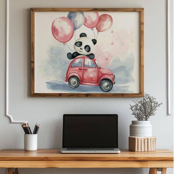 Cute Panda Riding Red Car Balloons Watercolor Nursery Art Poster