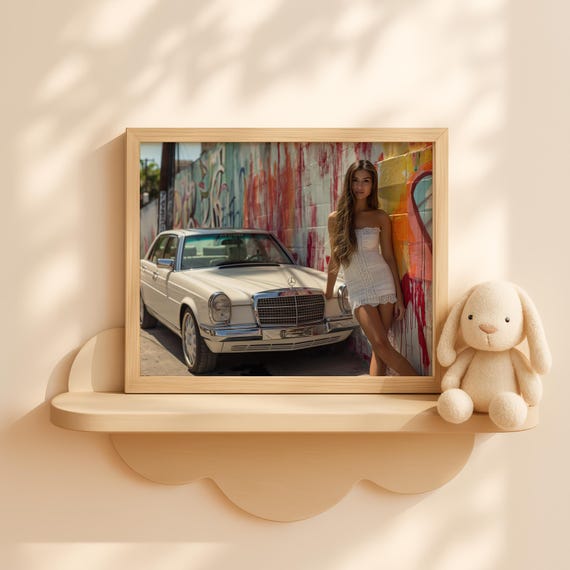 White Luxury Car With Girl By Graffiti Wall Urban Fashion Scene Art Retro City Style Decor