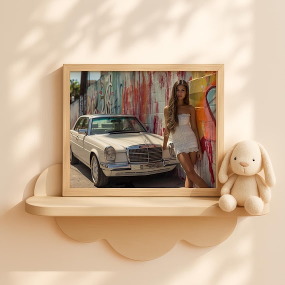 White Vintage Mercedes Sedan Girl Graffiti Wall Retro Photo Art Poster