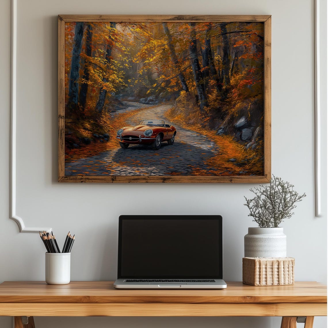 Vintage Auto Wall Art Autumn Cobblestone Road Decor Earthy Fall Landscape Painting Retro Car Scene