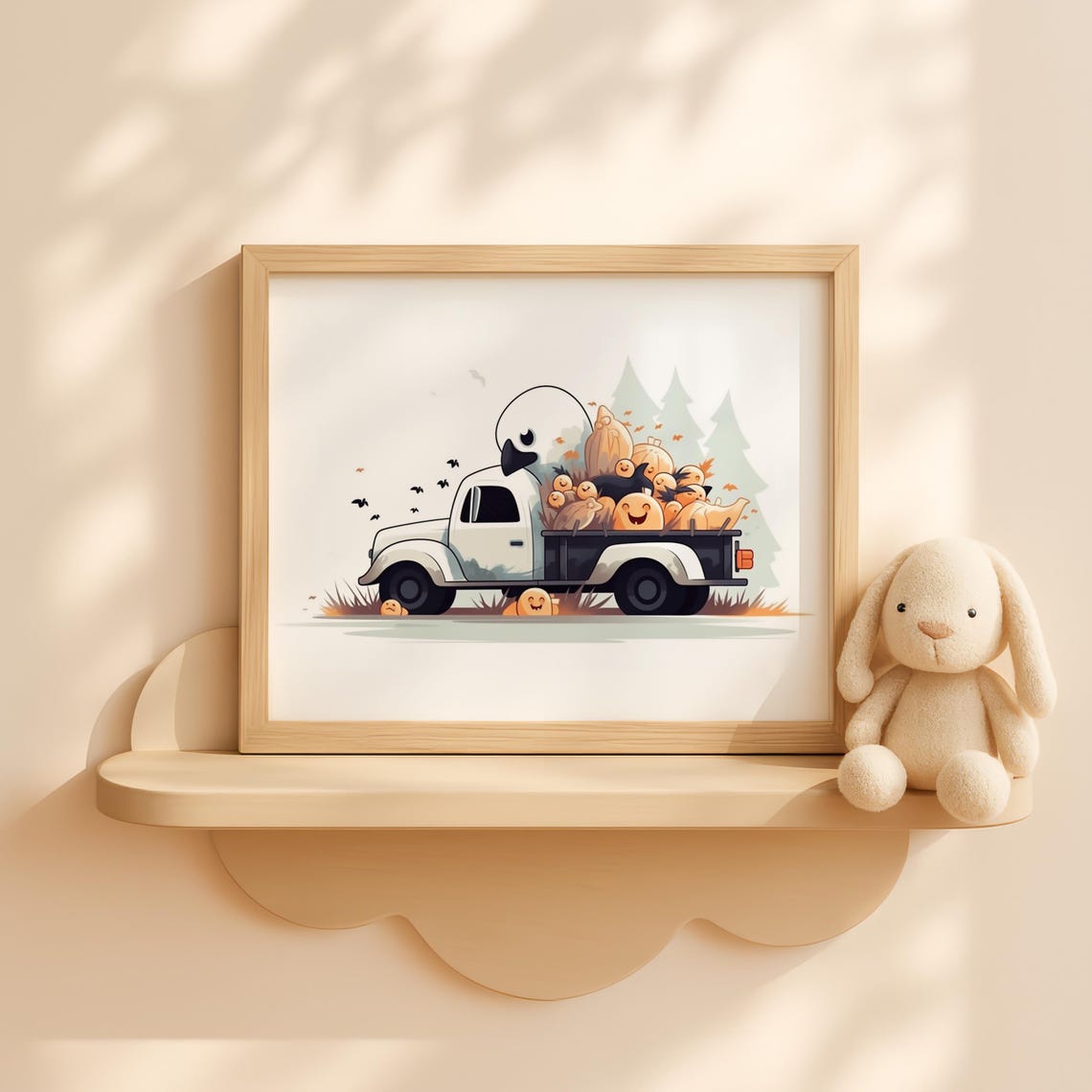 Cute Ghost Riding a Pumpkin Truck Vintage Style Halloween Poster