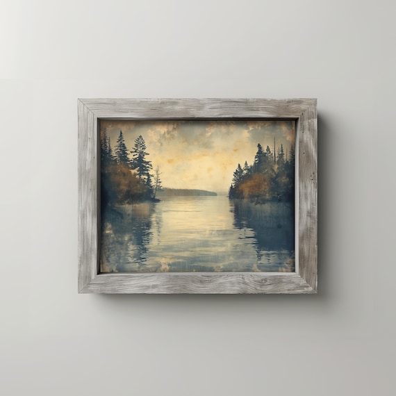 Lake After Rain With Silver Sky Moody Breaks Of Light Pine Trees Earthy Fall Landscape Vintage Wall Art