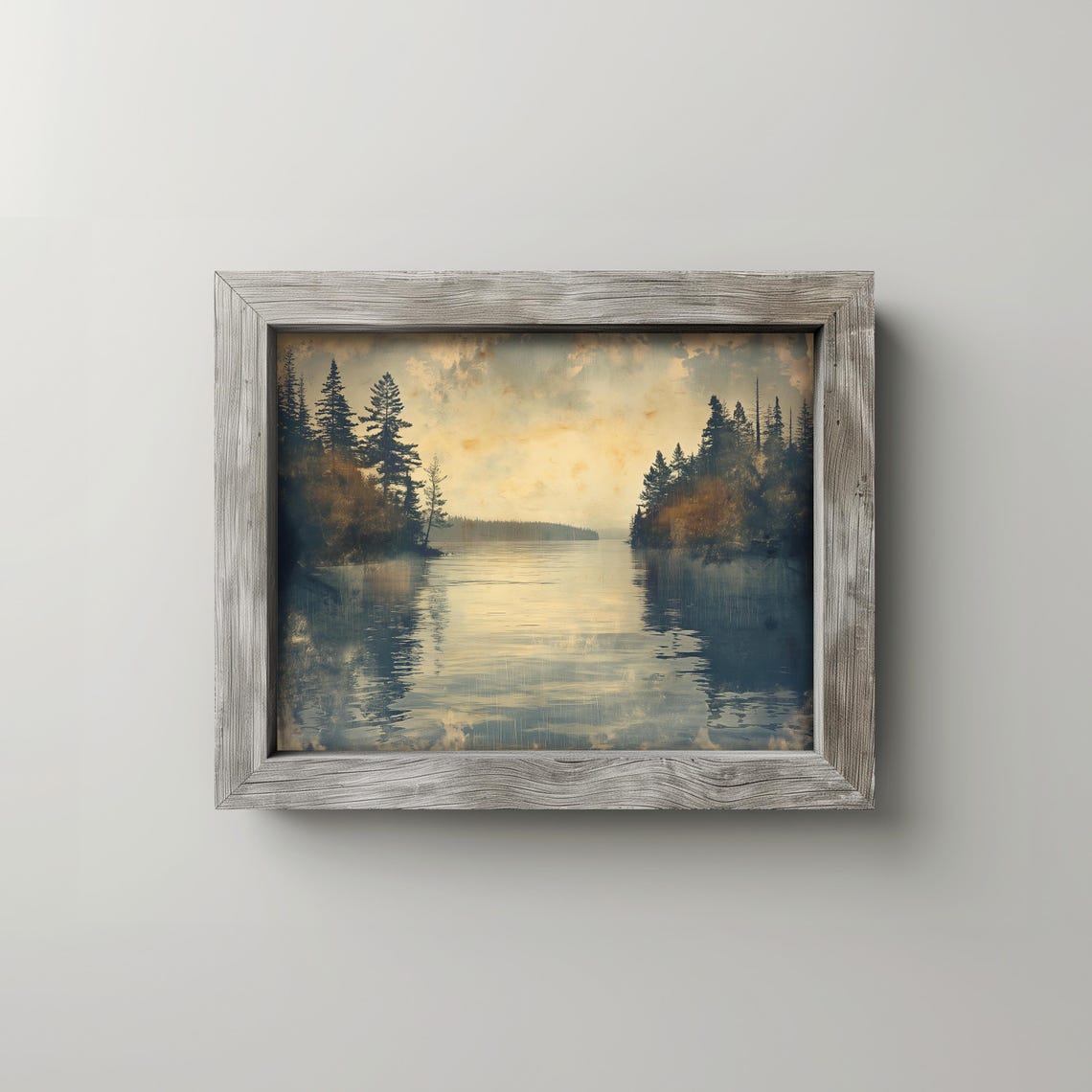 Quiet Lake After Rain with Silver Sky Moody Pine Forest Art Poster