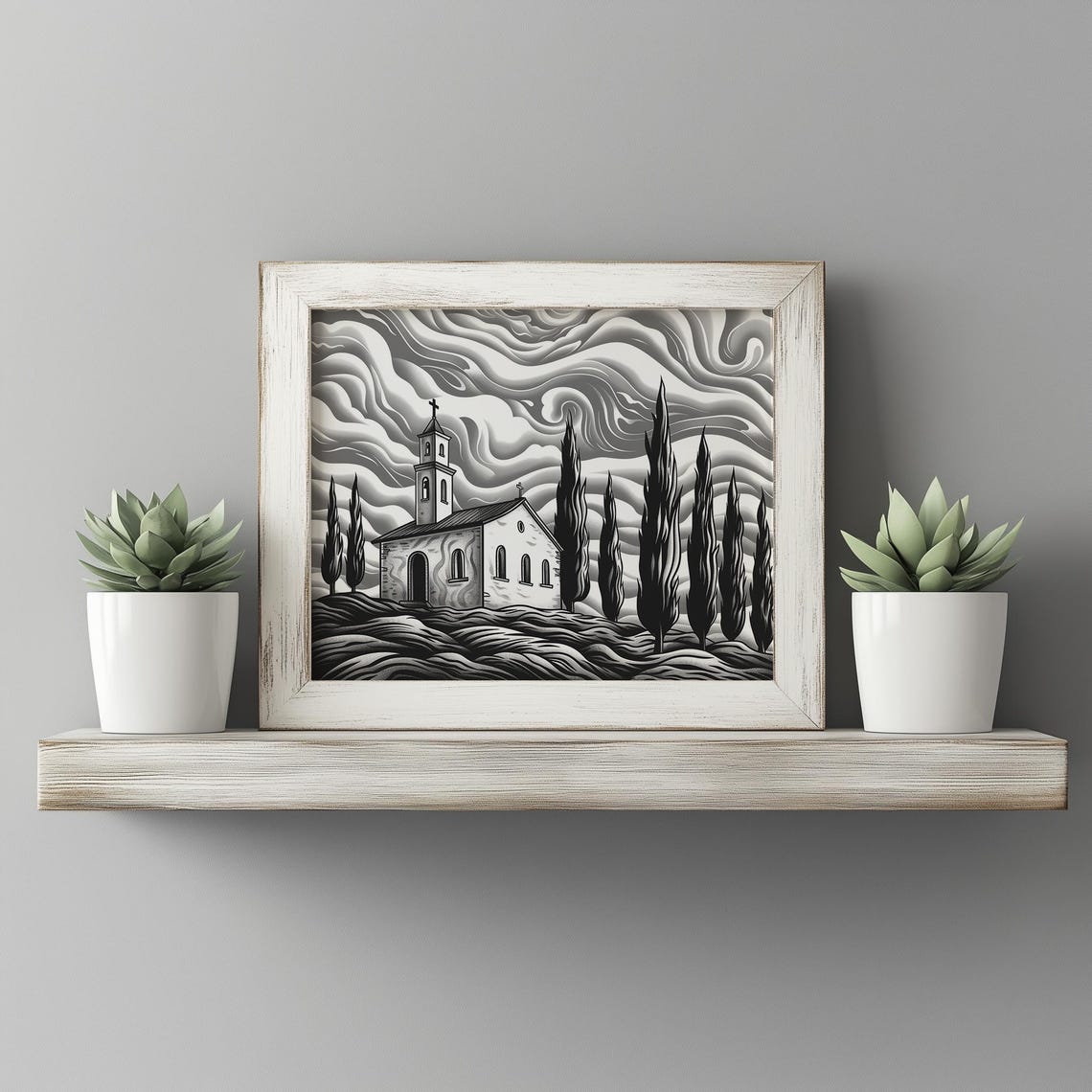 Church Cypress Trees Swirling Sky Black White Ink Drawing Poster