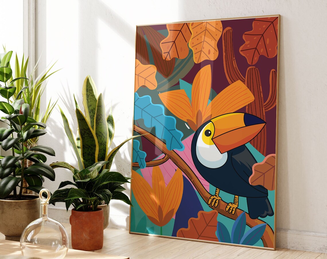Plants and Toucan Bird Boho Home Decor Art Print