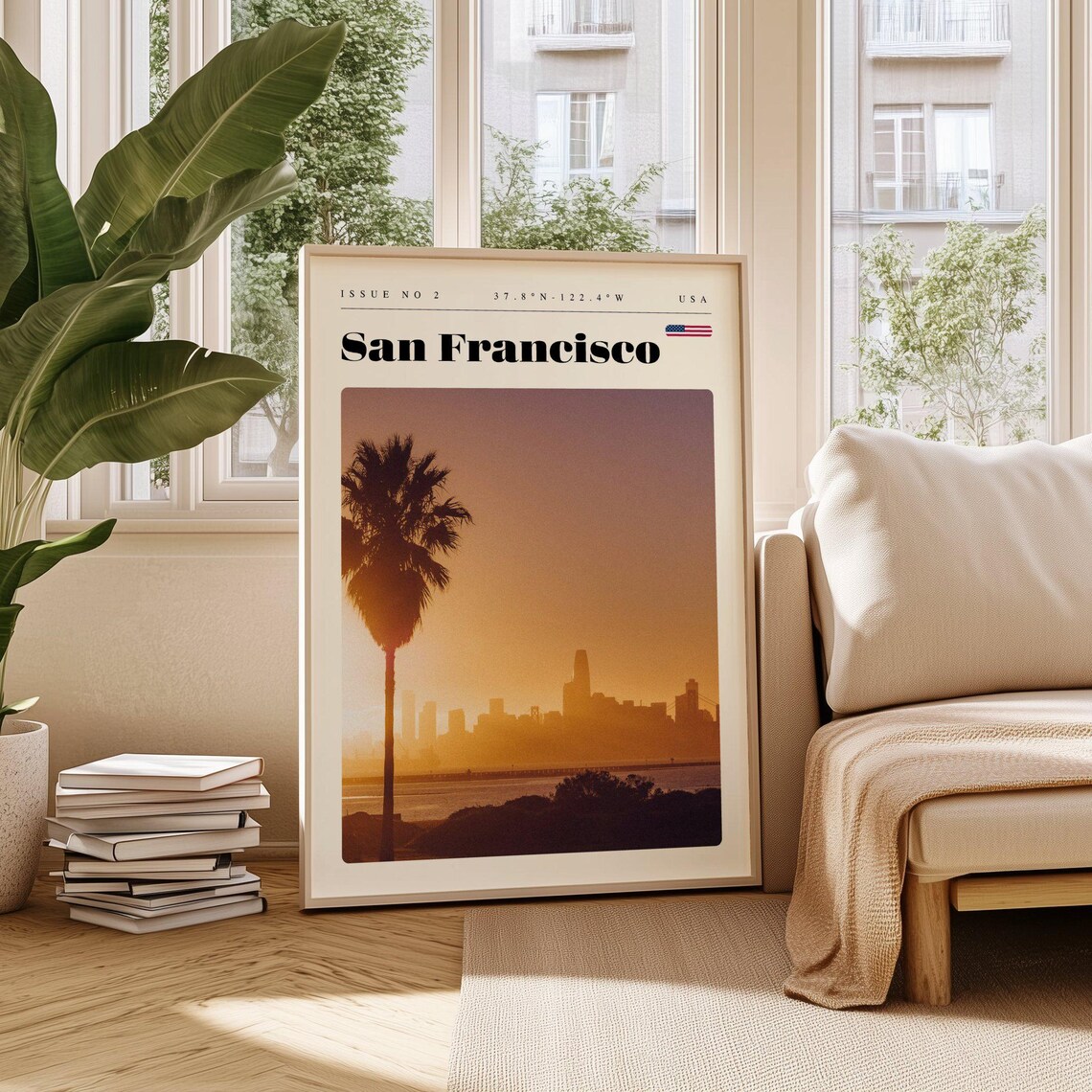 San Francisco Bay Skyline Sunset Palm Silhouette Modern Travel Poster