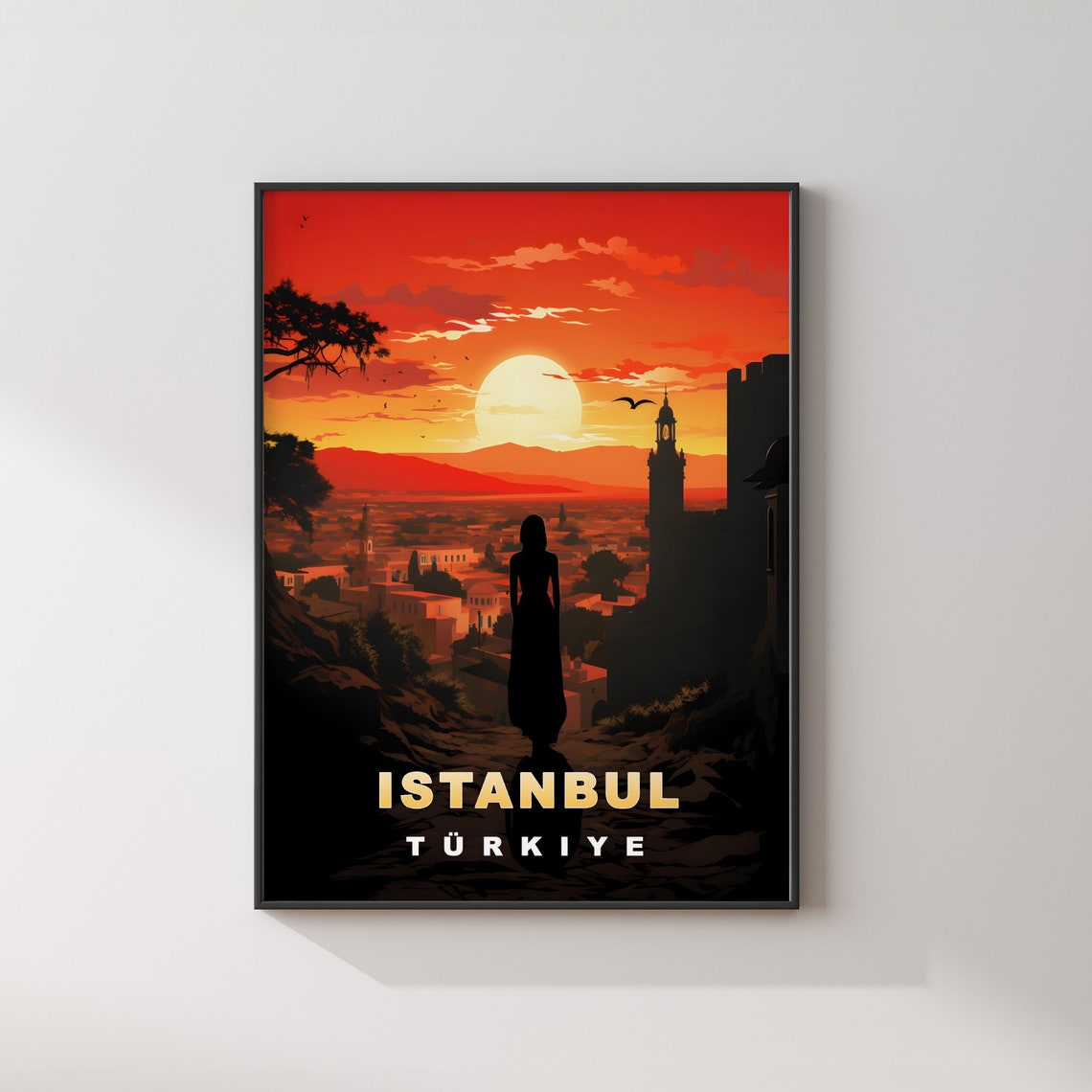 Istanbul Turkiye Fiery Sunset Silhouette Skyline Vintage Travel Poster - Image 2