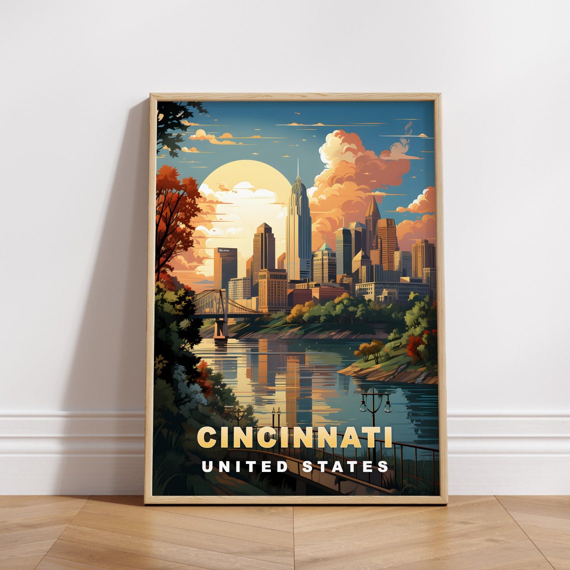 Cincinnati Skyline Ohio River Bridge Sunset Vintage Travel Poster
