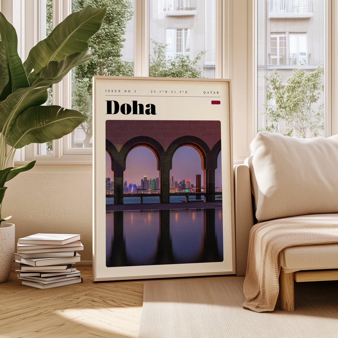 Doha Qatar Modern Dusk Skyline Through Museum Arches Travel Poster