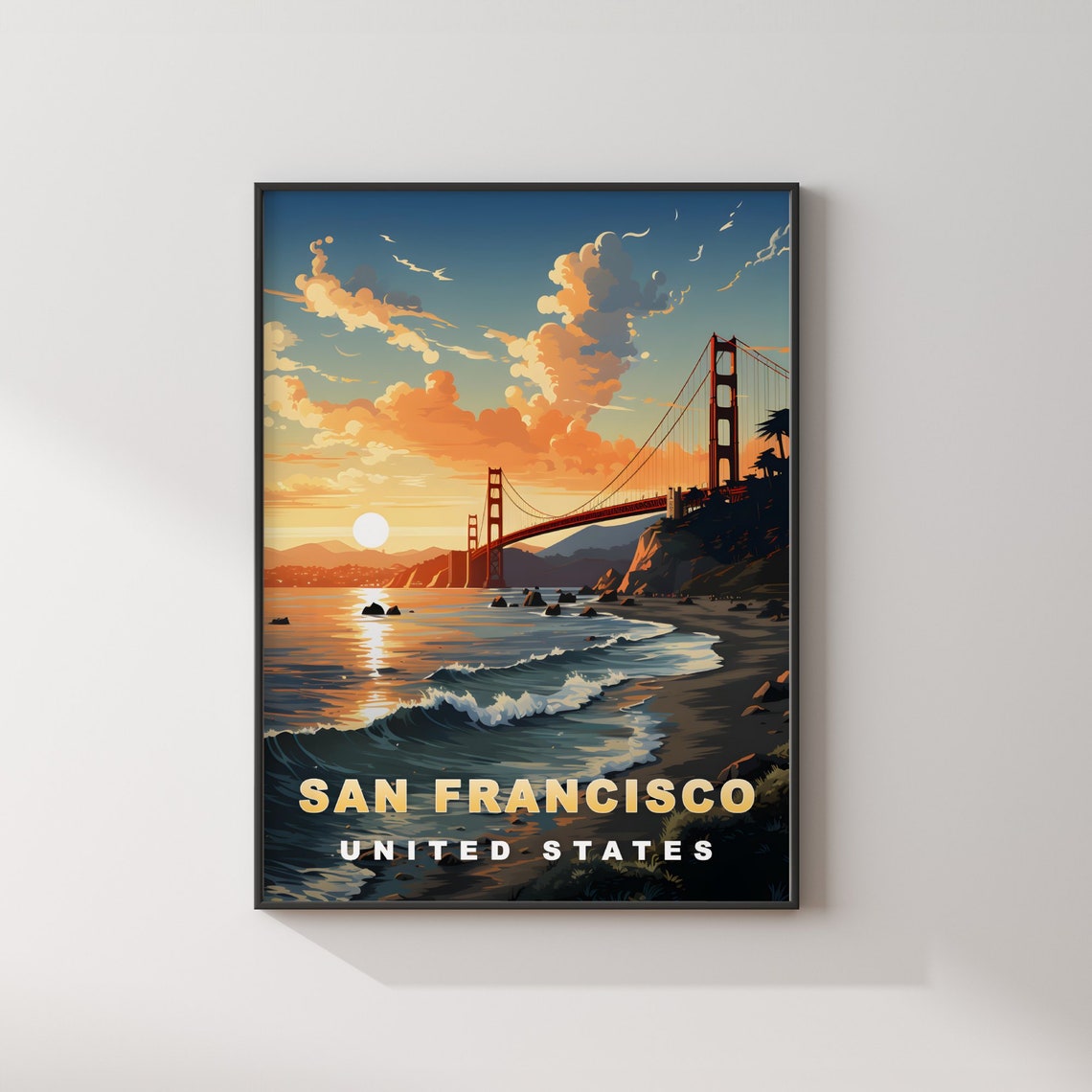 San Francisco Golden Gate Bridge Beach Sunset Waves Travel Poster - Image 2