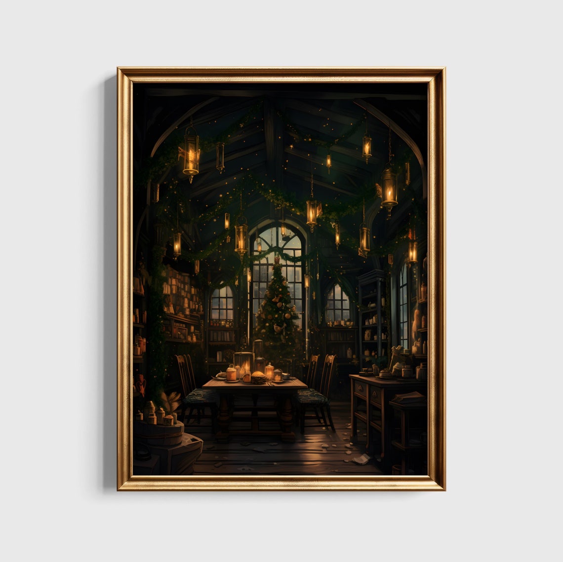 Slytherin Common Room at Christmas Green Lanterns Wizard Poster