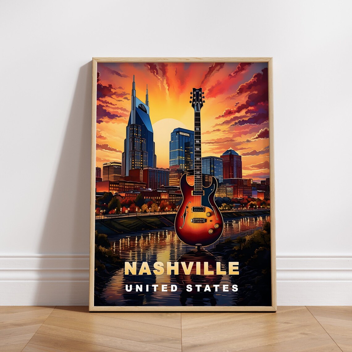 Nashville United States Guitar River Skyline Sunset Travel Poster