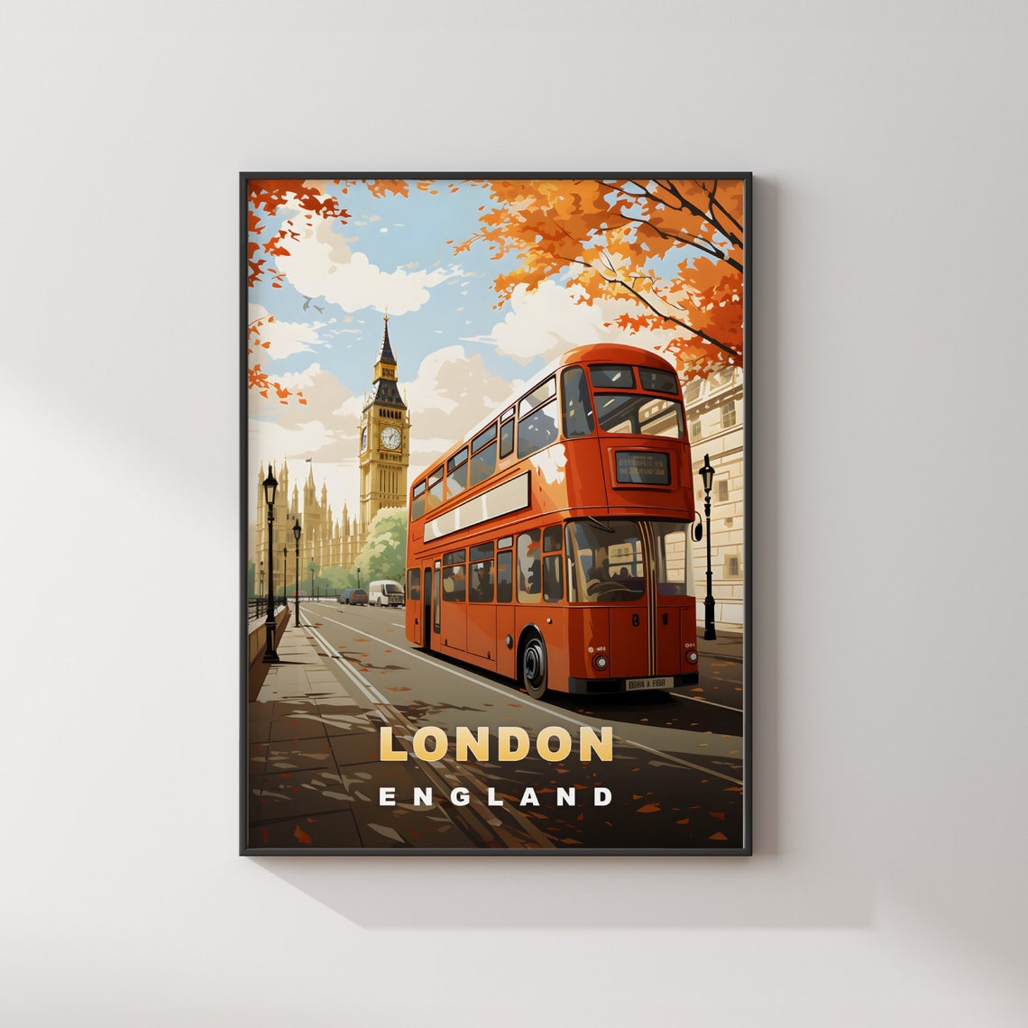 London England Retro Travel Poster Red Double Decker Bus Scene - Image 2