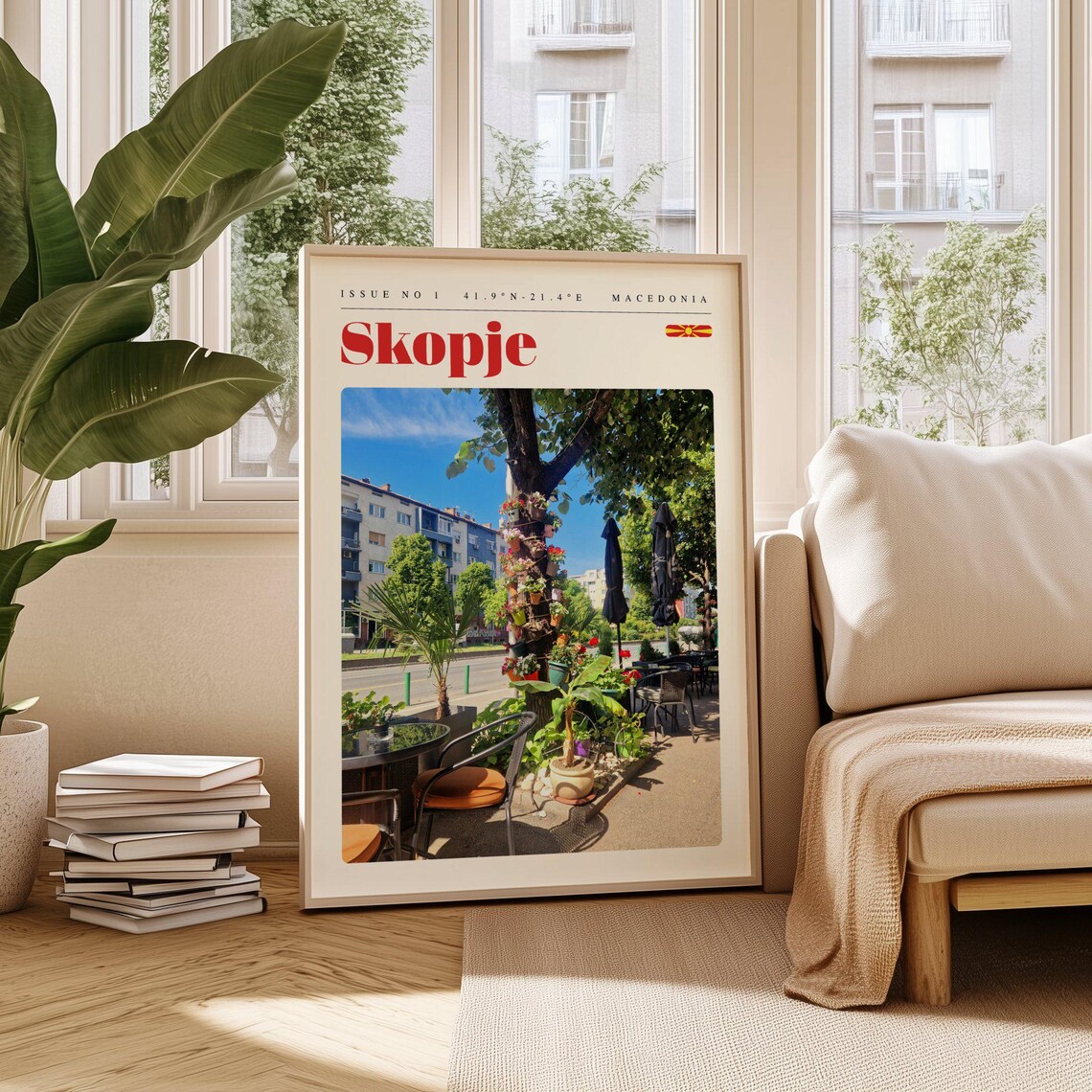 Skopje Macedonia Vintage Travel Poster Sunny Old Town Cafe Scene
