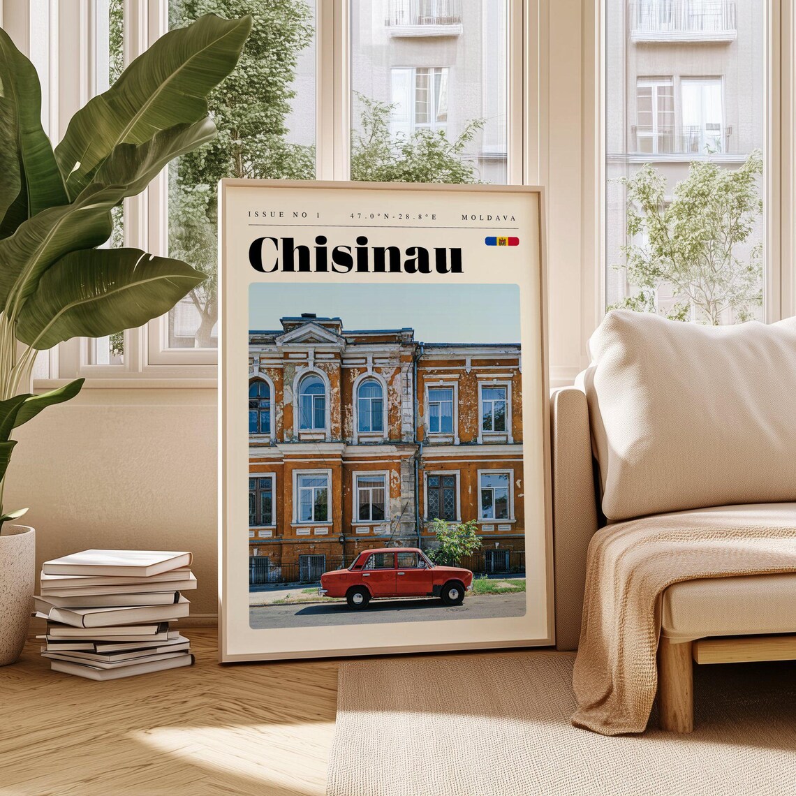 Chisinau Moldova Vintage Red Car Historic Street Travel Poster