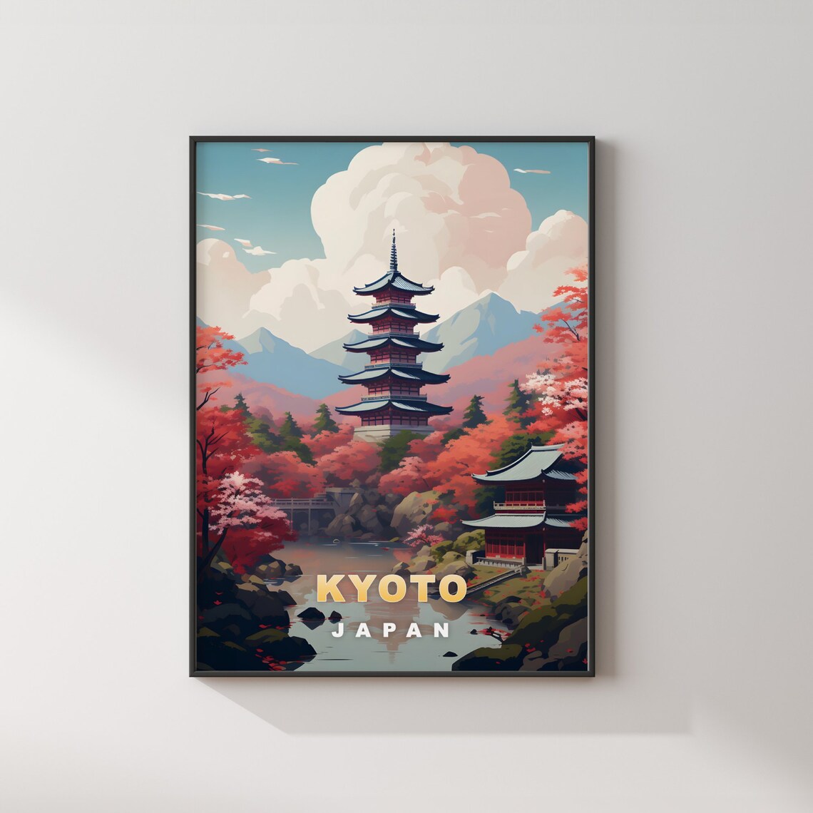 Kyoto Japan Pagoda Red Maple Pond Autumn Vintage Travel Poster - Image 2