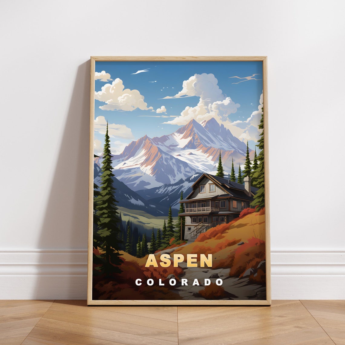 Aspen Colorado Mountain Lodge Pines Autumn Retro Travel Poster