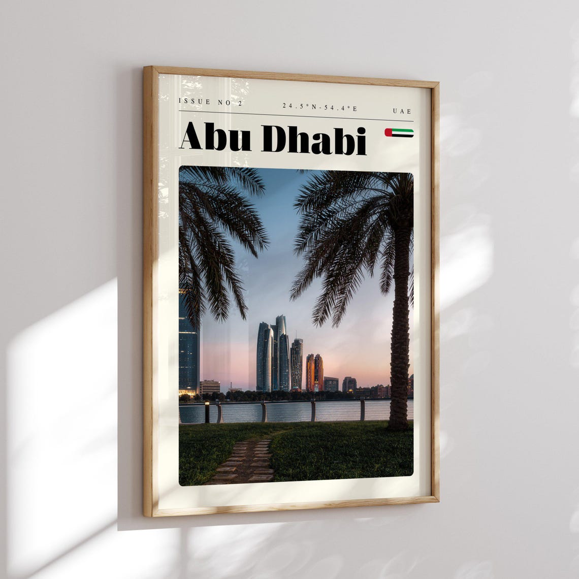 Abu Dhabi UAE Waterfront Skyline Palms Golden Hour Travel Poster - Image 2