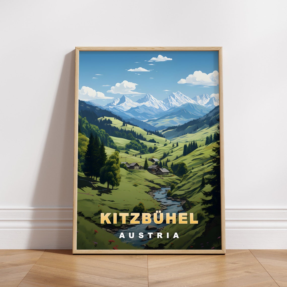 Kitzbuhel Austria Alpine Mountain Meadows Summer Retro Travel Poster