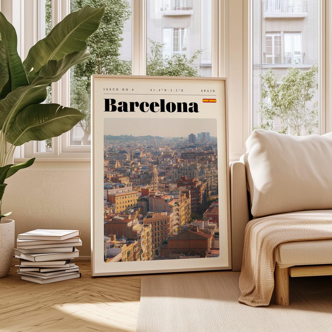 Barcelona Spain Panoramic Old Town Skyline Vintage Travel Poster
