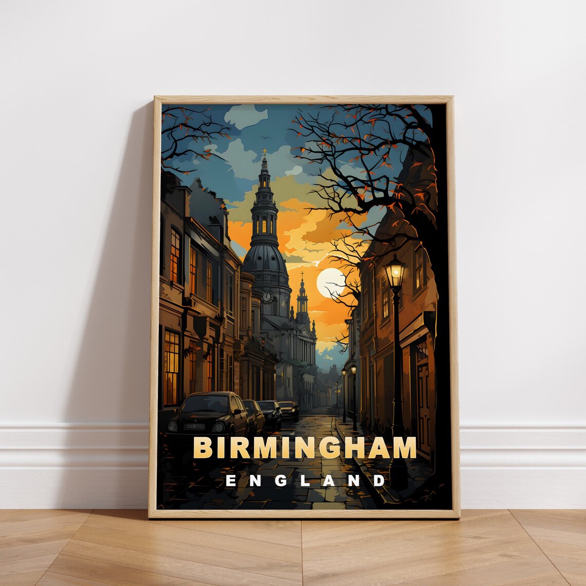Birmingham England Sunset Street Domed Cathedral Glow Travel Poster