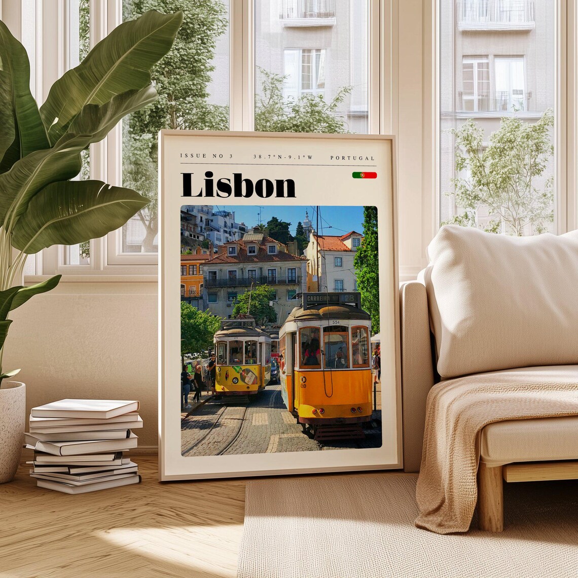 Lisbon Portugal Iconic Yellow Tram Hillside Street Photo Poster