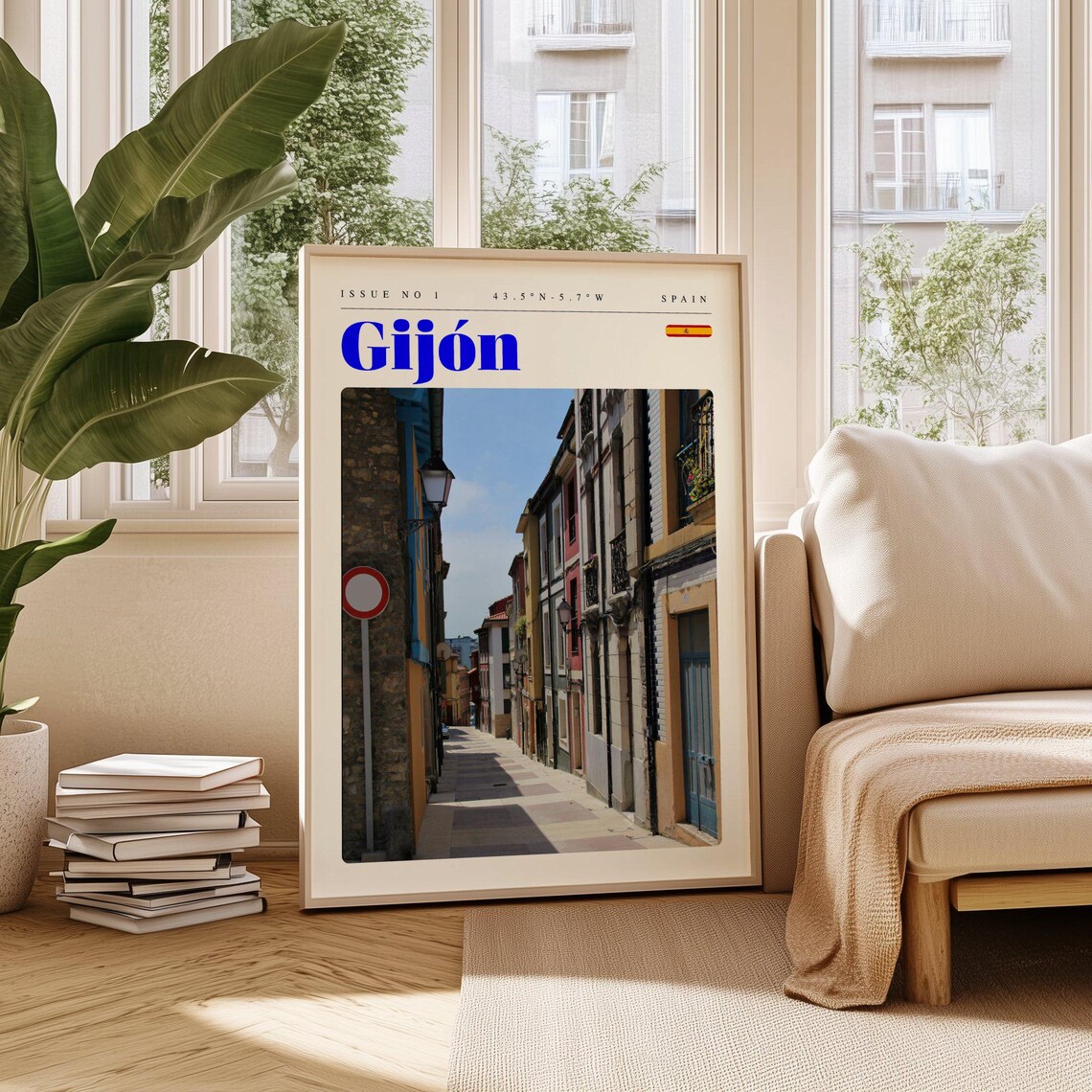 Gijon Spain Cobblestone Old Street Colorful Houses View Travel Poster