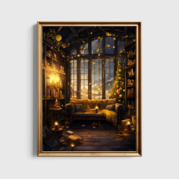 Cozy Wizard Common Room Christmas Night Library Fantasy Poster