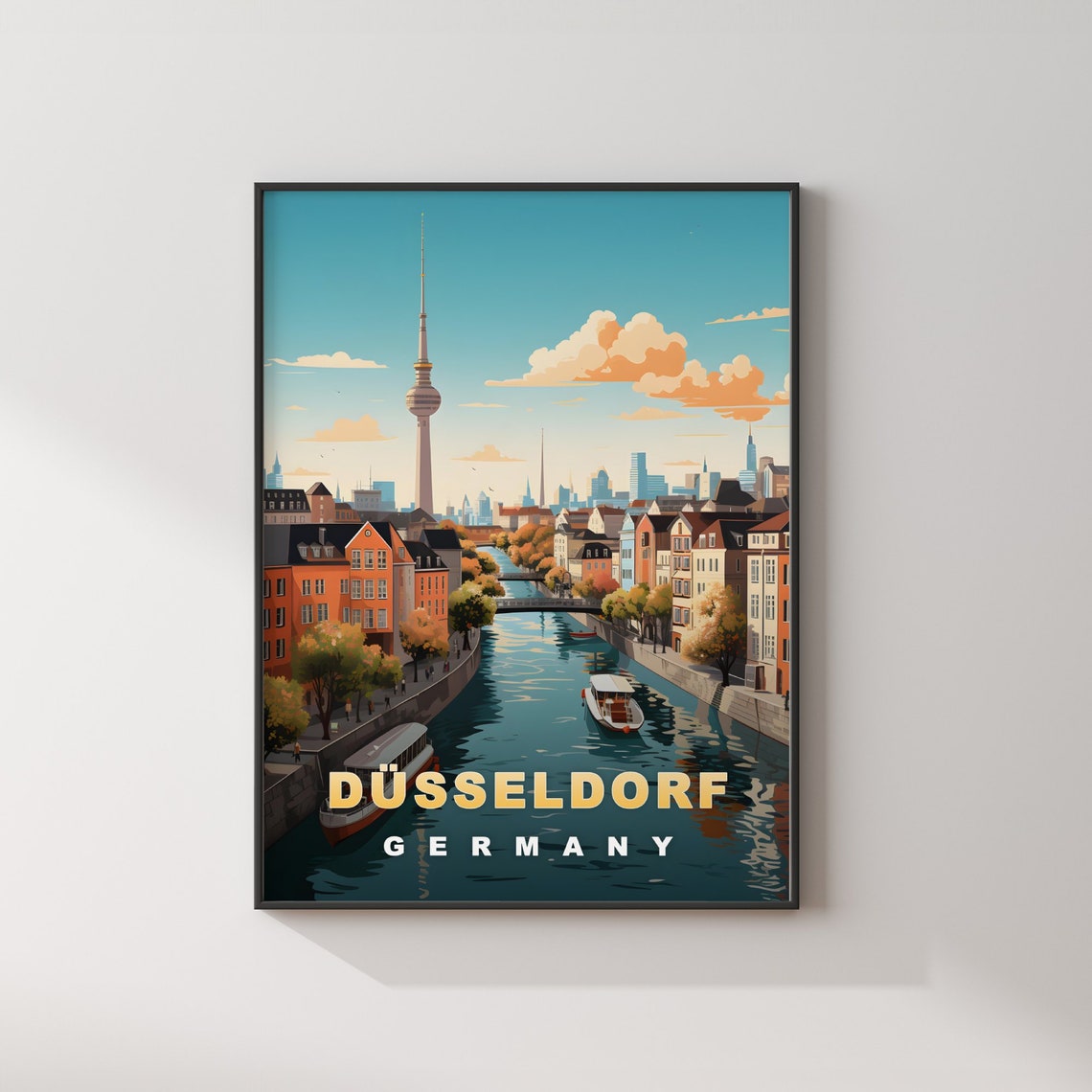 Dusseldorf Germany Retro Travel Poster Canal Waterfront Tower View - Image 2