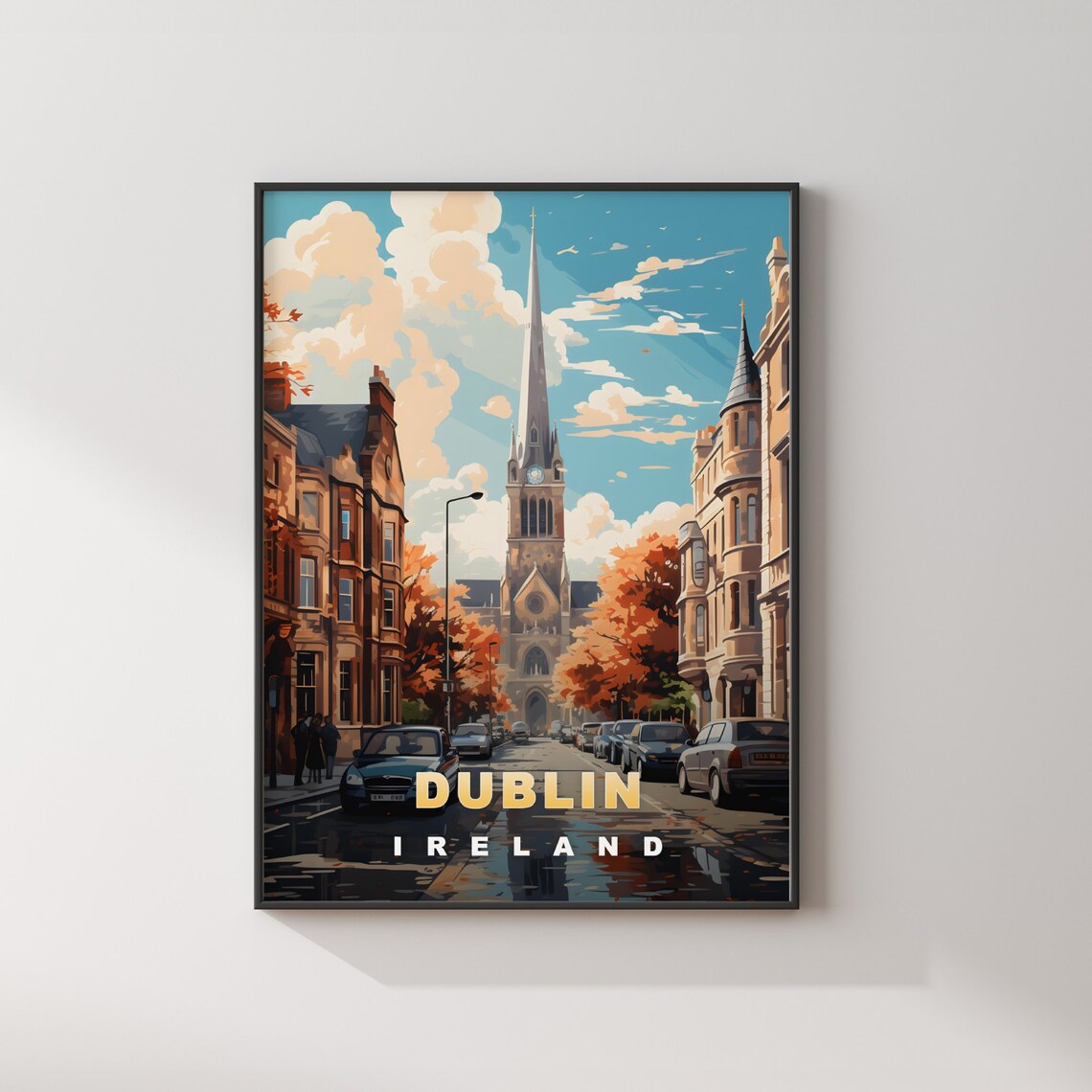 Dublin Ireland Retro Travel Poster Church Spire Autumn Street View - Image 2
