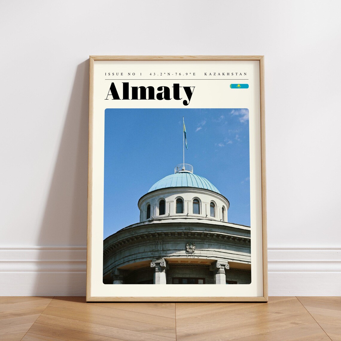 Almaty Kazakhstan Domed Building Blue Sky Flag View Travel Poster - Image 3