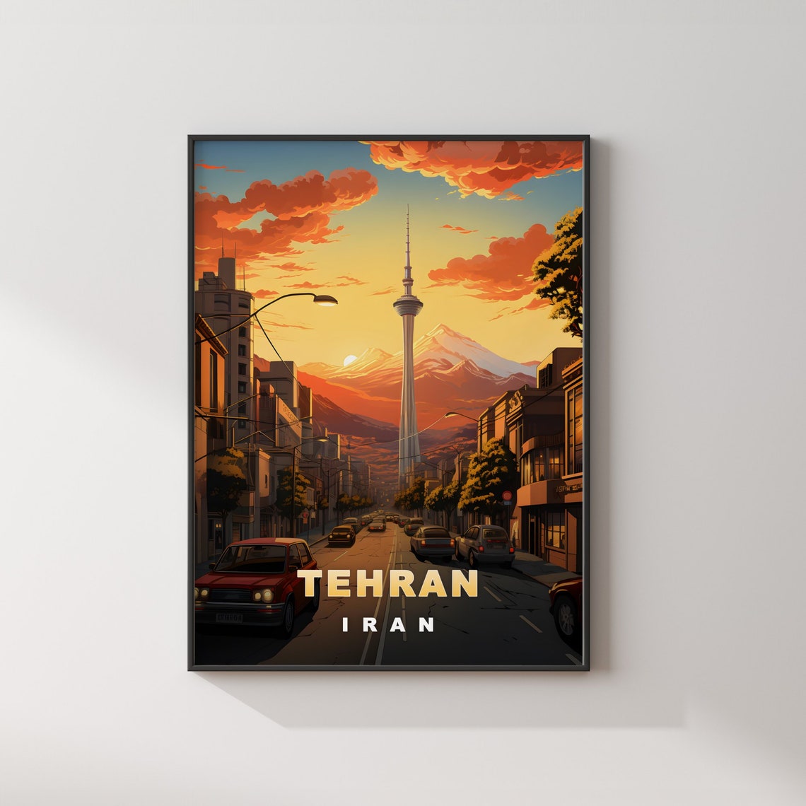 Tehran Iran Sunset Street with Milad Tower Retro Travel Poster - Image 2