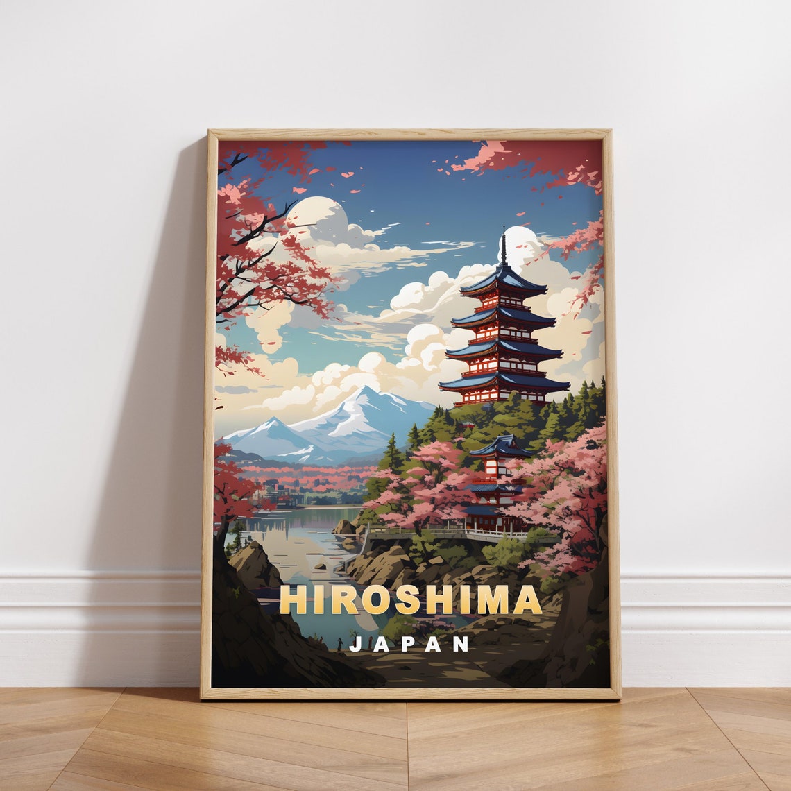 Hiroshima Japan Pagoda Cherry Blossom Mount Fuji Travel Poster