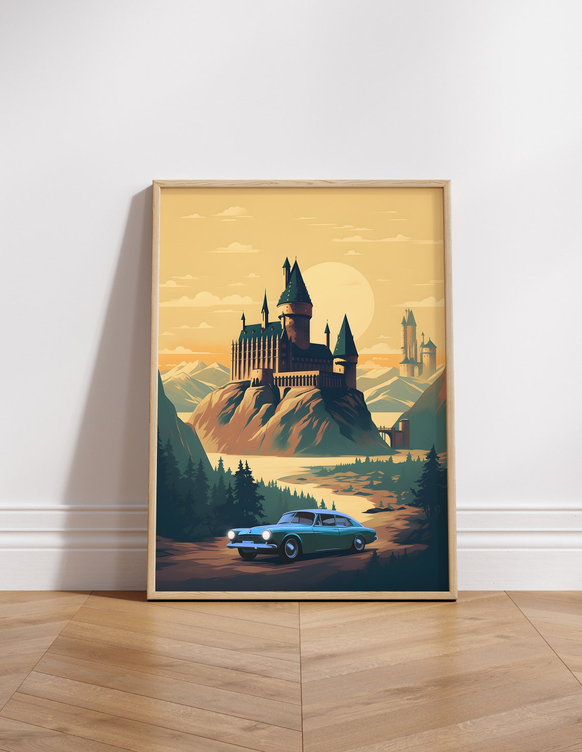 Hogwarts Castle Flying Blue Car Vintage Sunset Travel Poster