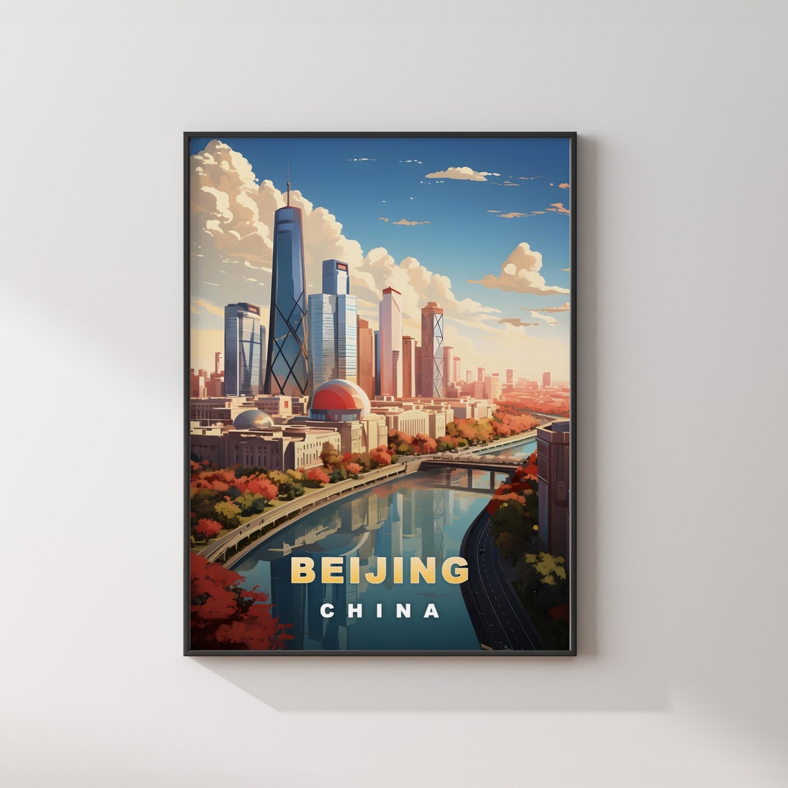 Beijing China Modern Skyscrapers River Autumn Vintage Travel Poster - Image 2