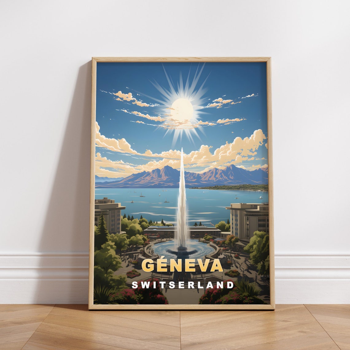 Geneva Switzerland Retro Travel Poster Fountain Sunburst Lake View