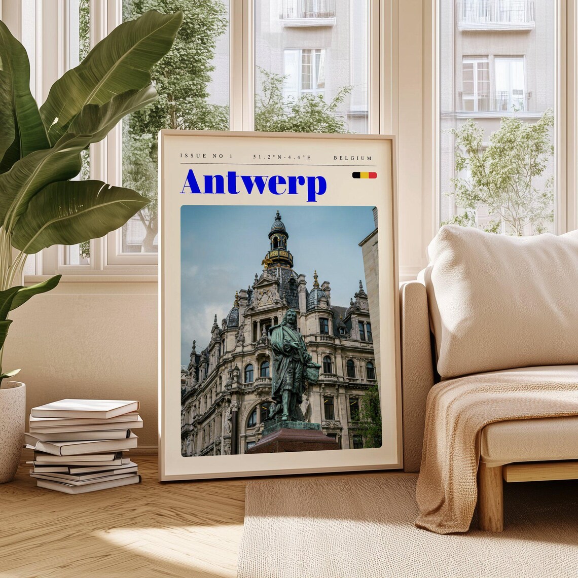 Antwerp Belgium Ornate Building Bronze Statue Historic Travel Poster
