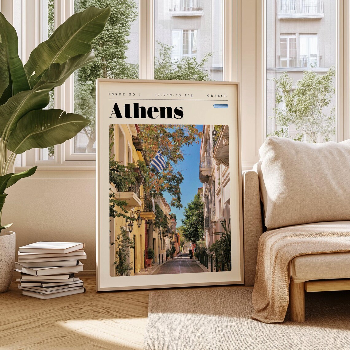 Athens Greece Plaka Street Greek Flag Blue Sky Travel Poster