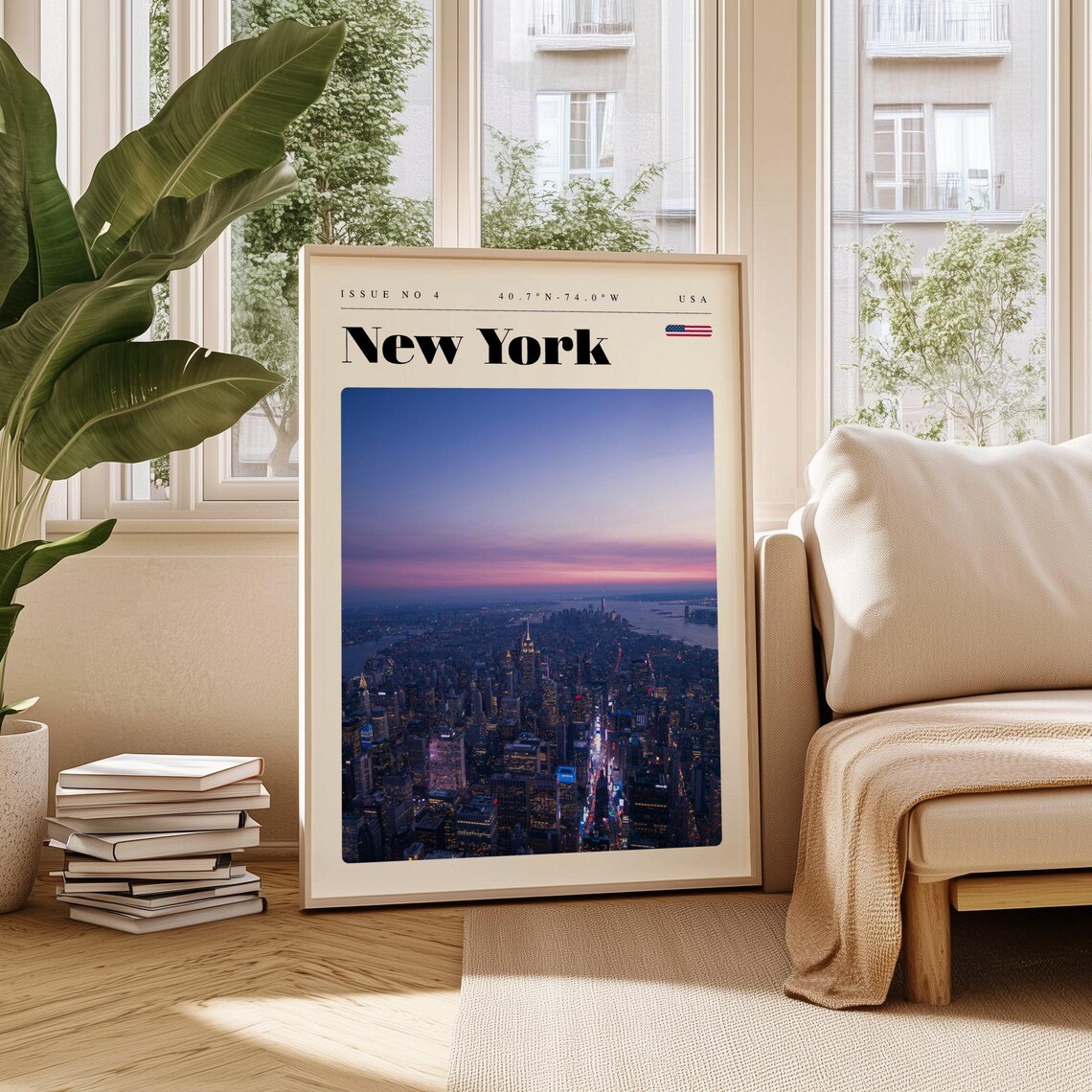 New York Manhattan Skyline Dusk Aerial View Modern Travel Poster