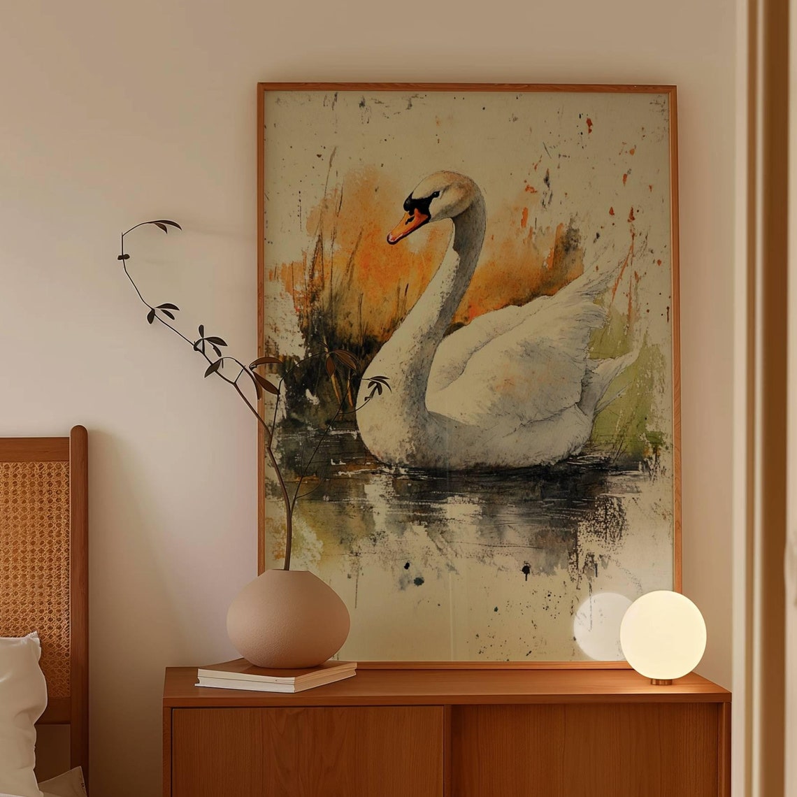 Elegant White Swan Lake Watercolor Neutral Nursery Decor Poster