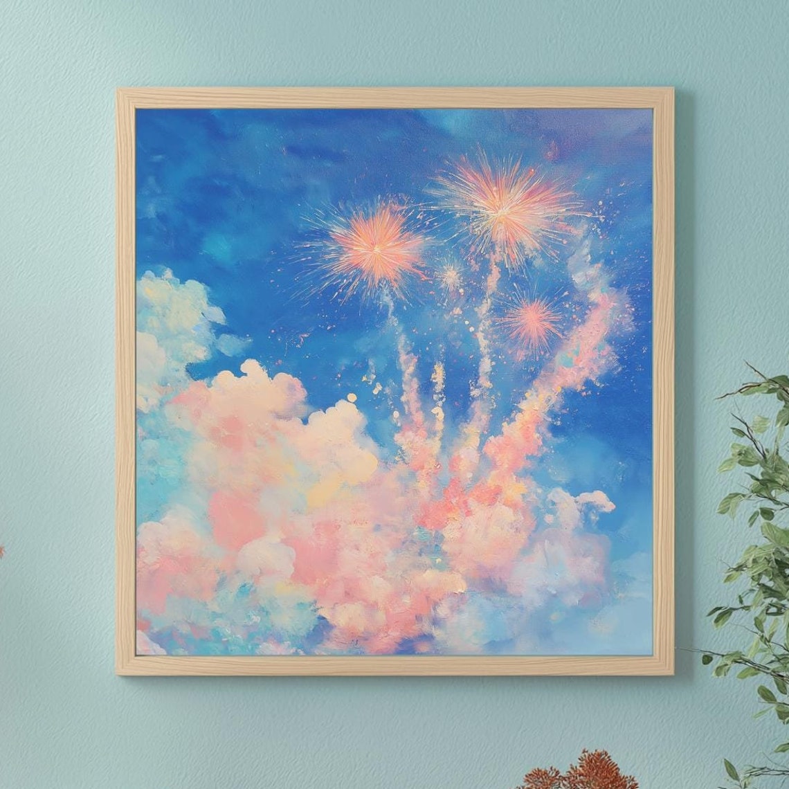 Cheerful Fireworks Over Pink Clouds Blue Sky Painting Wall Art