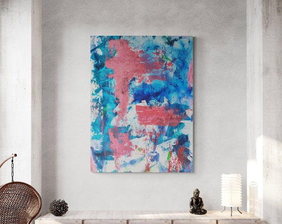 Abstract Canvas Wall Art Print Colorful Painting In Pink And Blue Modern Home Decor